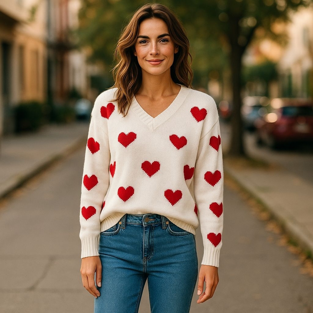 BCX Red and White V-Neck Heart Sweater